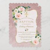 チャームピンクホワイトフラワーズバラ金ゴールドグリッターバプテスマ 招待状 (正面/裏面)