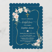 チャームピンクホワイトフラワーズブルー金ゴールドガールバプテスマ 招待状 (正面/裏面)