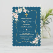 チャームピンクホワイトフラワーズブルー金ゴールドガールバプテスマ 招待状 (スタンド正面)