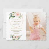 チャームピンクホワイトフローラガールフォト1st誕生日 招待状 (正面)