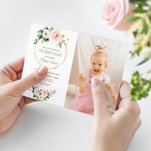 チャームピンクホワイトフローラガールフォト1st誕生日 招待状