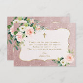 チャームピンクホワイトフローラバラ金ゴールドグリッターバプテスマ サンキューカード (正面/裏面)