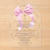 チャームピンクボウ金ゴールド女の子確認透明 アクリル招待状 (正面)