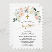 チャームピンク白い花金ゴールドクロスバプテスマ 招待状 (正面/裏面)