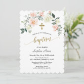 チャームピンク白い花金ゴールドクロスバプテスマ 招待状 (スタンド正面)