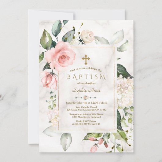 チャームピンク赤面クリームフローラ大理石金ゴールドバプテスマ 招待状 (正面)