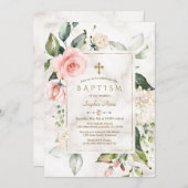 チャームピンク赤面クリームフローラ大理石金ゴールドバプテスマ 招待状 (正面/裏面)