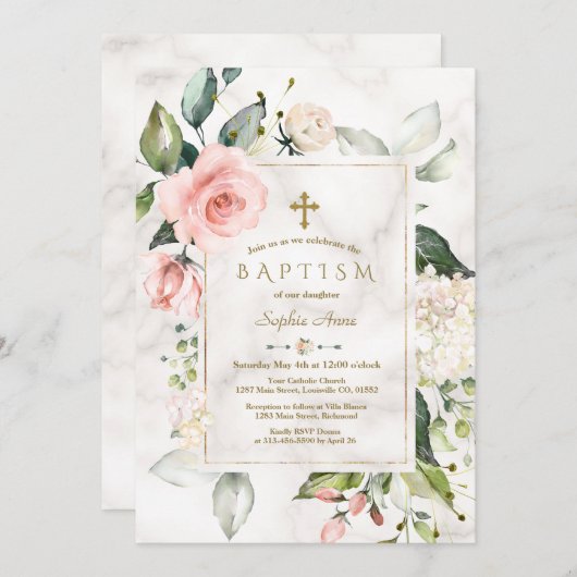 チャームピンク赤面クリームフローラ大理石金ゴールドバプテスマ 招待状 (正面/裏面)