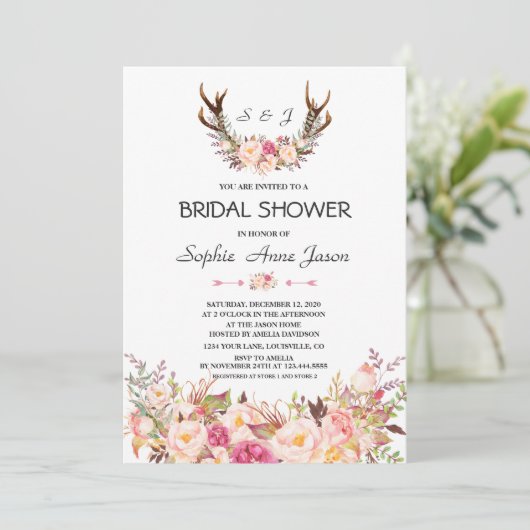 チャームピンク赤面フローラ〔雄ジカの〕枝角ブライダルシャワー 招待状 (スタンド正面)