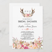 チャームピンク赤面フローラ〔雄ジカの〕枝角ブライダルシャワー 招待状 (正面/裏面)