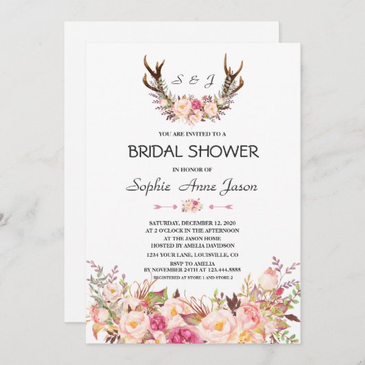 チャームピンク赤面フローラ〔雄ジカの〕枝角ブライダルシャワー 招待状 (正面/裏面)