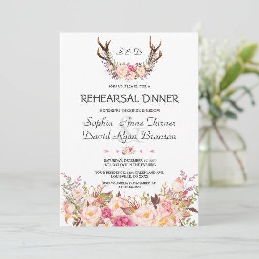 チャームピンク赤面フローラ〔雄ジカの〕枝角リハーサルディナー 招待状 (スタンド正面)