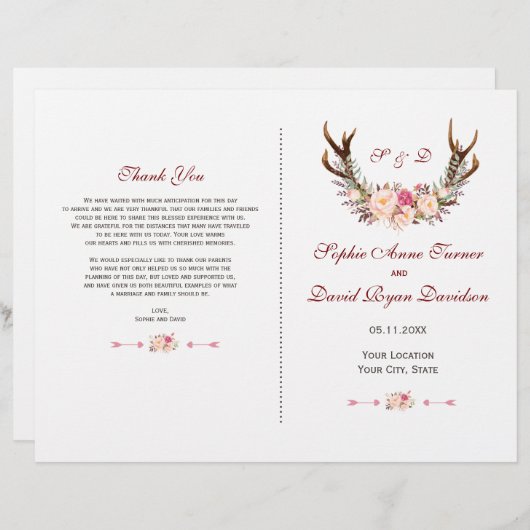 チャームピンク赤面フローラ〔雄ジカの〕枝角結婚式 プログラム (正面/裏面)