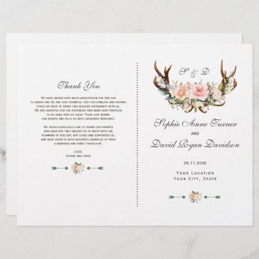 チャームピンク赤面フローラ〔雄ジカの〕枝角結婚式 プログラム (正面/裏面)