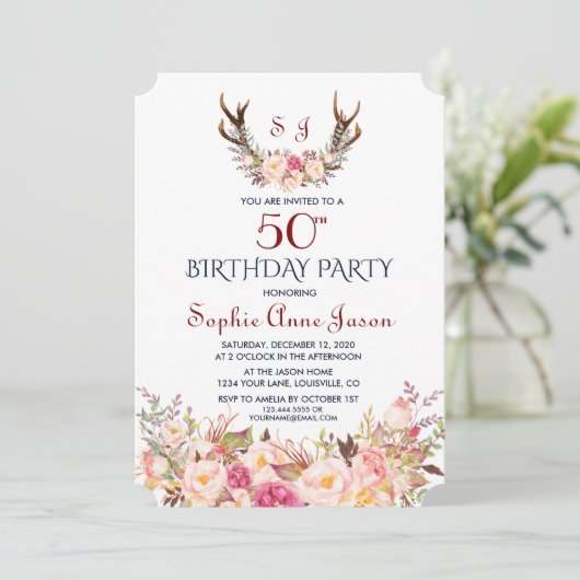 チャームピンク赤面フローラ〔雄ジカの〕枝角50誕生日 招待状 (スタンド正面)