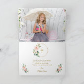 チャームピンク赤面花金ゴールドフォトガールバプテスマ サンキューカード (内部)