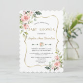 チャームピンク赤面花金ゴールドフレームベビーシャワー 招待状 (スタンド正面)