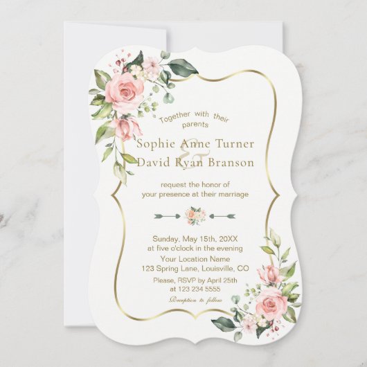 チャームピンク赤面花金ゴールドフレーム結婚ズ 招待状 (正面)