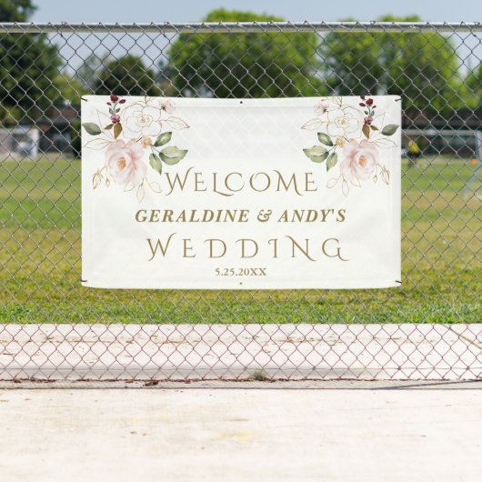 チャームピンク赤面花金ゴールド結婚のウェルカムサイン 横断幕 (インサイチュ)