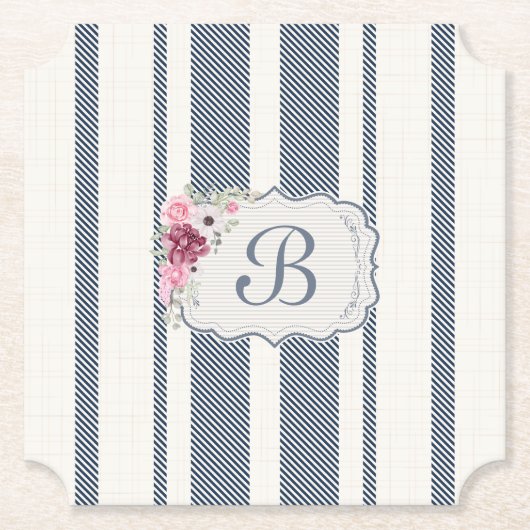 チャームフランスのファームハウスブルーストライプのとホワイト ペーパーコースター (正面)