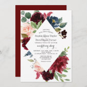 チャームブルガンディネイビーブルー赤面フローラ結婚ズ 招待状 (正面/裏面)