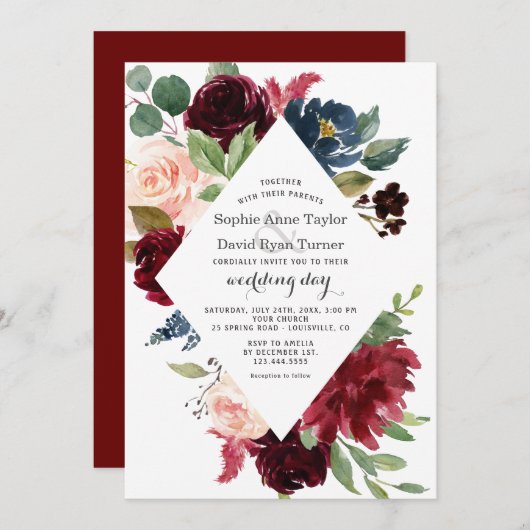 チャームブルガンディネイビーブルー赤面フローラ結婚ズ 招待状 (正面/裏面)