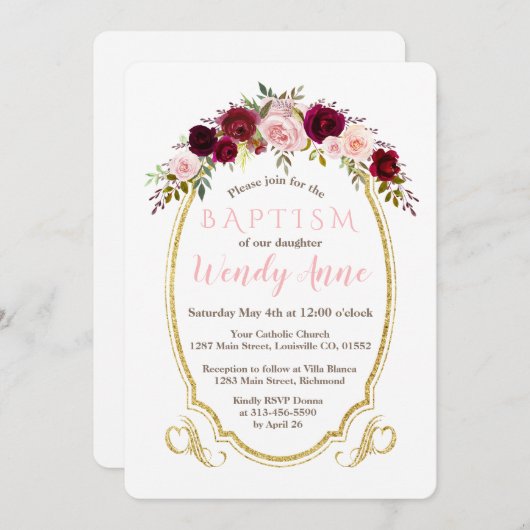 チャームブルガンディマルサラフローラ金ゴールドバプテスマ招待状 招待状 (正面/裏面)