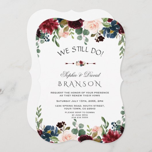 チャームブルガンディーブルー赤面フローラ我々はまだ行う 招待状 (正面/裏面)