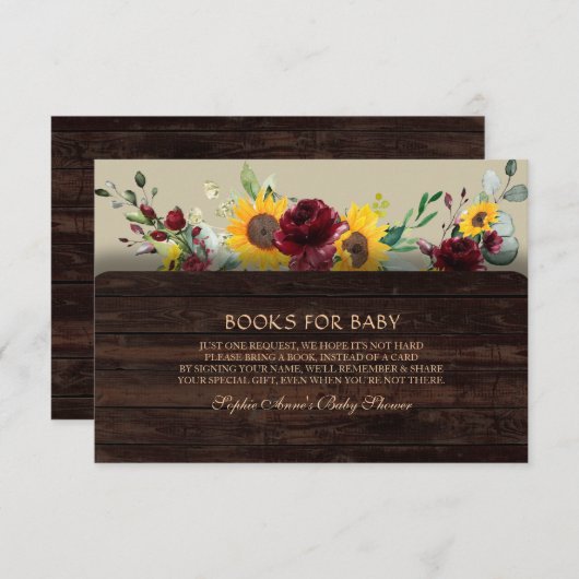 チャームブルゴーニュひまわり赤ちゃんシャワー用の本 エンクロージャーカード (正面/裏面)