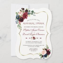 チャームブルゴーニュネイビーブルーフローラリハーサルディナー 招待状