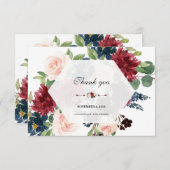 チャームブルゴーニュネイビーブルーフローラ六角フレーム サンキューカード (正面/裏面)