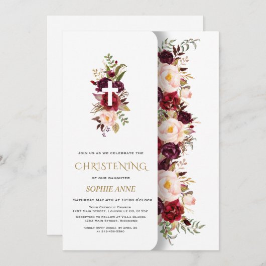 チャームブルゴーニュピンクフラワーズ金ゴールドガール《キリスト教》洗礼式や命名式 招待状 (正面/裏面)
