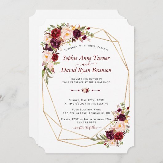 チャームブルゴーニュピンクフローラ金ゴールドフレ結婚ーム 招待状 (正面/裏面)