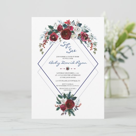 チャームブルゴーニュフローラネイビーシップ&ベビーシャワーを参照 招待状 (スタンド正面)