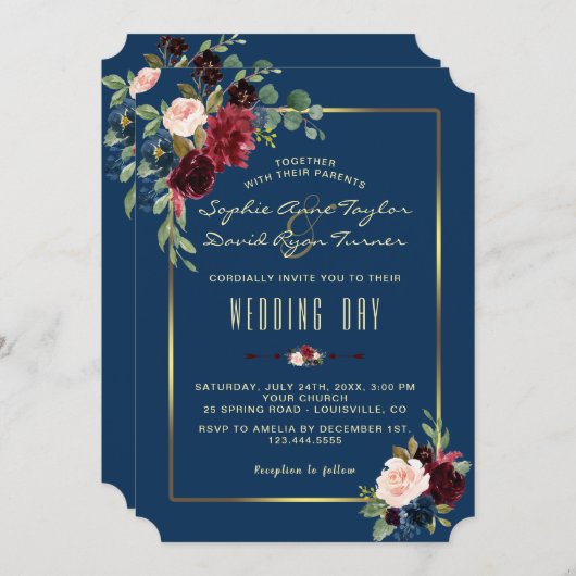 チャームブルゴーニュ海軍フローラゴールデンフレーム結婚ズ 招待状 (正面/裏面)