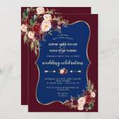 チャームブルゴーニュ海軍ブルー金ゴールドフローラ結婚 招待状 (正面/裏面)