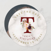チャームブルゴーニュ花金ゴールド大理石フォト誕生日 セーブザデート (正面/裏面)