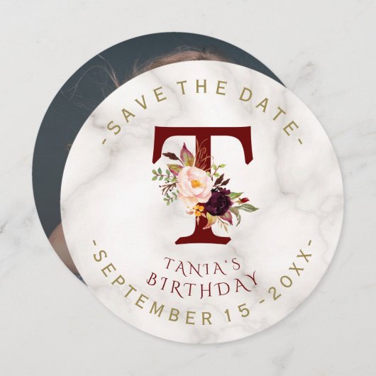 チャームブルゴーニュ花金ゴールド大理石フォト誕生日 セーブザデート (正面/裏面)