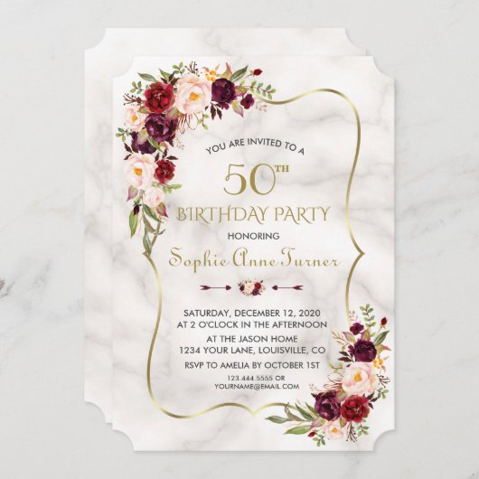 チャームブルゴーニュ花金ゴールド大理石50誕生日 招待状 (正面/裏面)