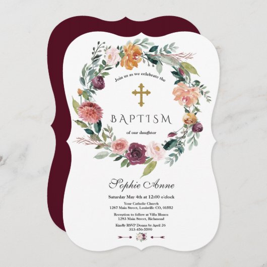 チャームブルゴーニュ赤面アイボリーフローラリースバプテスマ 招待状 (正面/裏面)