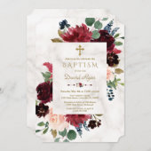 チャームブルゴーニュ赤面フラワーズクロスマーブルバプテスマ 招待状 (正面/裏面)