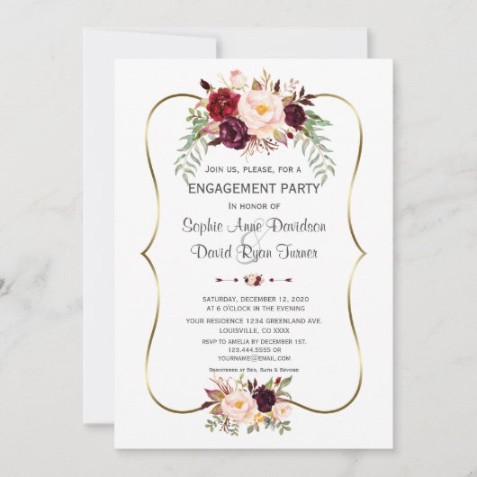 チャームブルゴーニュ赤面フローラ金ゴールド婚約 招待状 (正面)