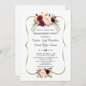 チャームブルゴーニュ赤面フローラ金ゴールド婚約 招待状 (正面/裏面)