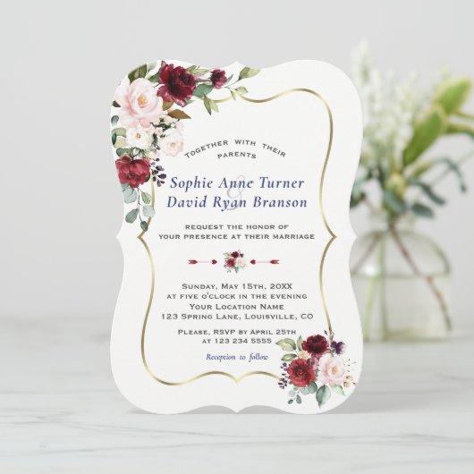 チャームブルゴーニュ赤面花金ゴールド結婚枠 招待状 (スタンド正面)