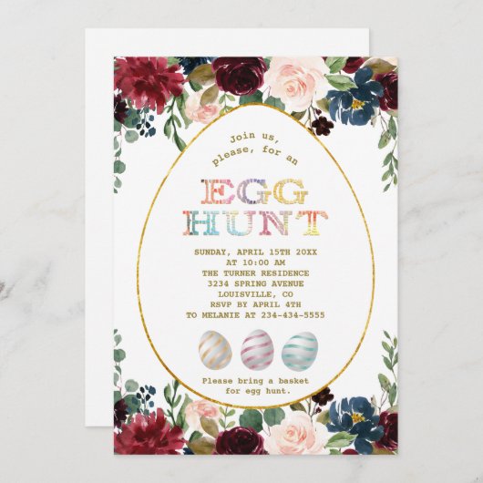 チャームブルゴーニュ青い花金ゴールド卵狩りイースター 招待状 (正面/裏面)