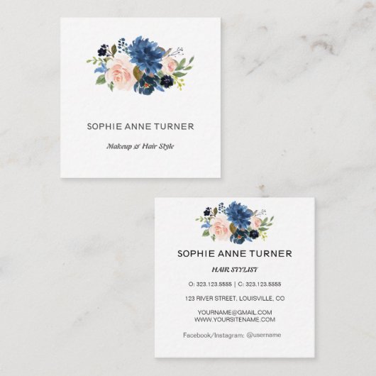 チャームブルーピンクフラワーズプロフェッショナル美しいサロン スクエア名刺 (正面/裏面)