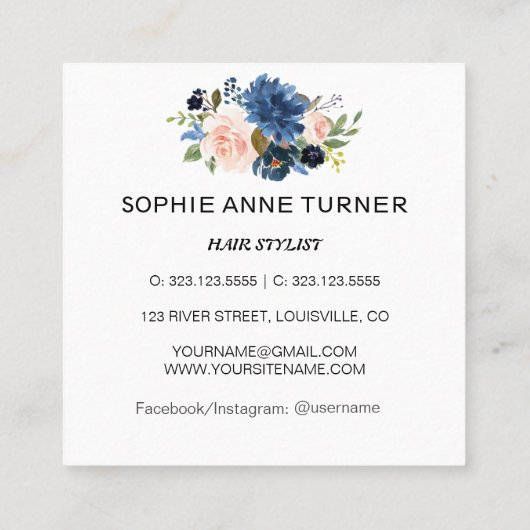 チャームブルーピンクフラワーズプロフェッショナル美しいサロン スクエア名刺 (裏面)