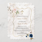 チャームブルーピンクフローラバラ金ゴールドツインズバプテスマ 招待状 (正面/裏面)
