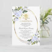 チャームブルーフラワーズボーイ金ゴールドファースト聖餐式 招待状 (スタンド正面)