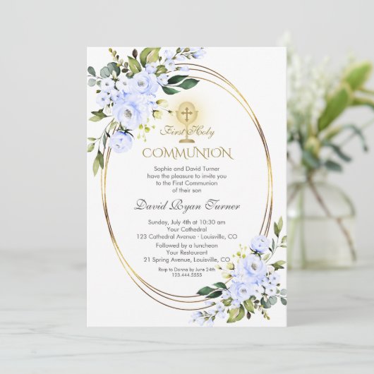 チャームブルーフラワーズボーイ金ゴールドファースト聖餐式 招待状 (スタンド正面)